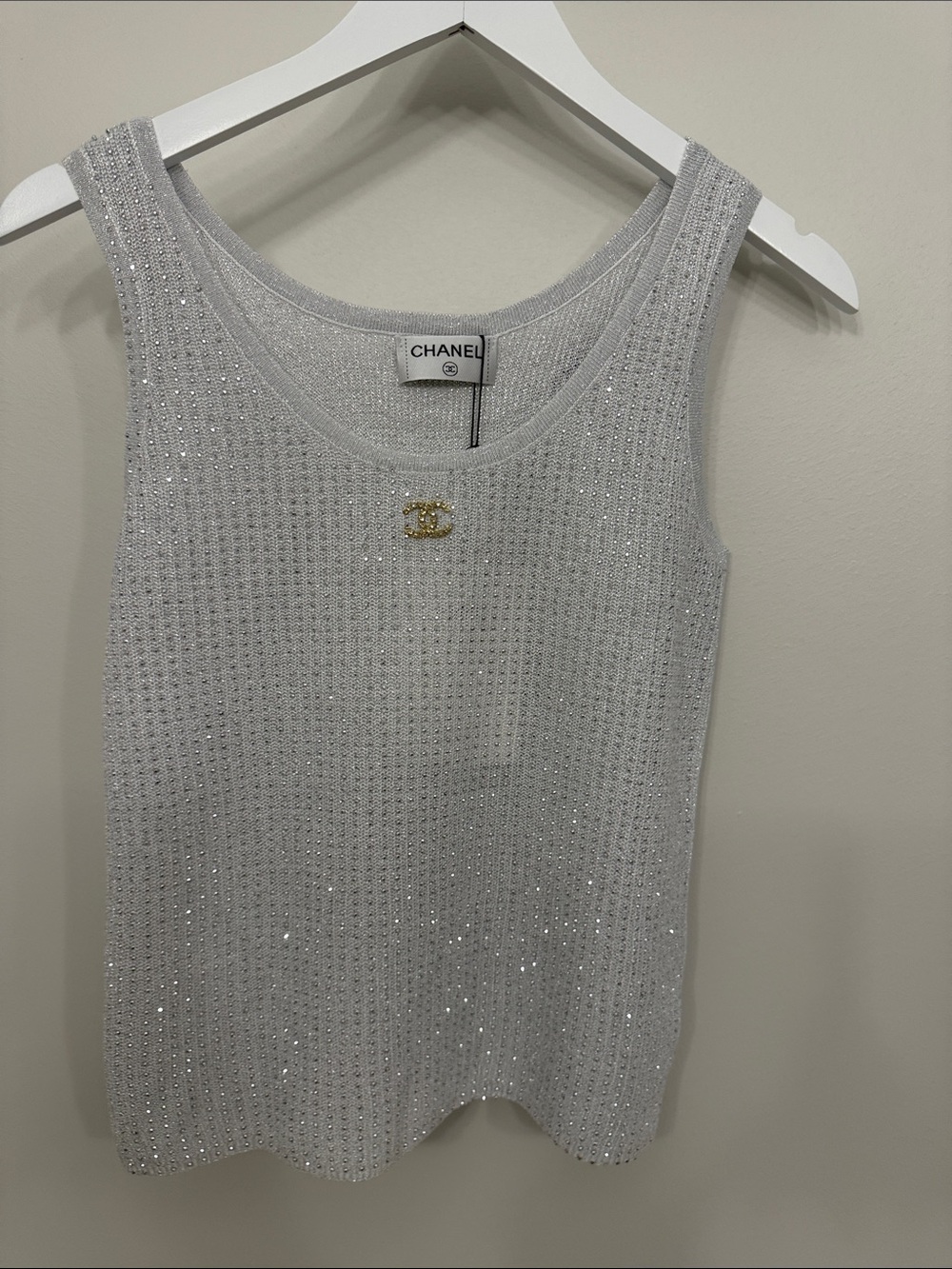 CHANEL Silver Metallic Knit Tank with Gold CC Accent